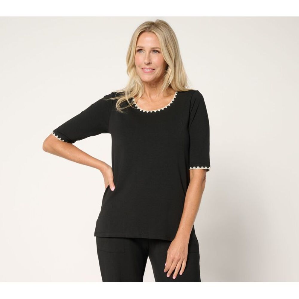 Cuddl Duds Women's Top Sz S Cottonwear+ Crochet Trim Tee Black
